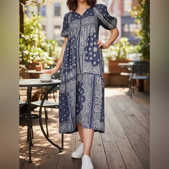 THE GREAT. Blue and White Bandana Print Maxi Dress Cotton Boho Americana XS - Picture 1 of 14
